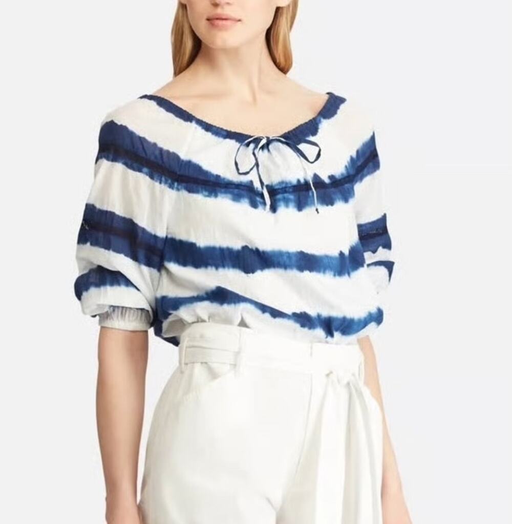 Lauren Ralph Lauren 100% Cotton Peasant Top 3/4 Sleeve Lightweight Tie Dye